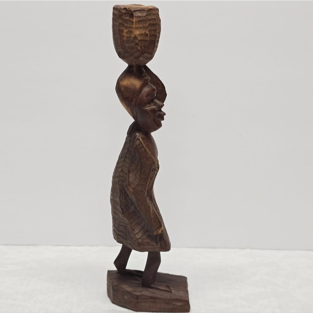 Vintage Hand Carved Wooden African Native Folk Art Woman With Basket On Head